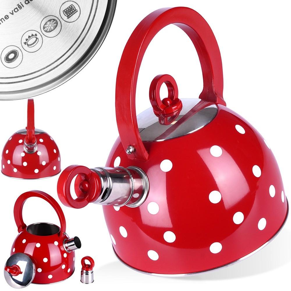 Orion 1.8L Red Polka Dot Stainless Steel Whistling Tea Kettle (1.5L Usable Capacity)