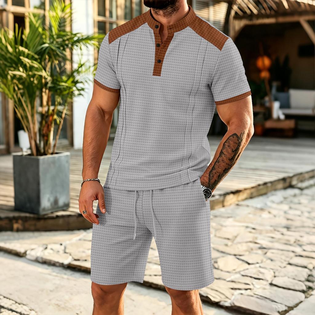 Men's Summer Plaid Stand Collar Short Sleeve T-shirt & Shorts Set