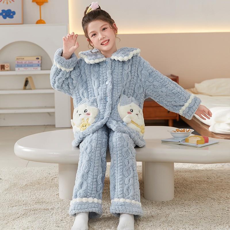 Girls Cartoon Fleece Pajama Set Warm Long Sleeve Open Front Sleepwear Winter Home Use