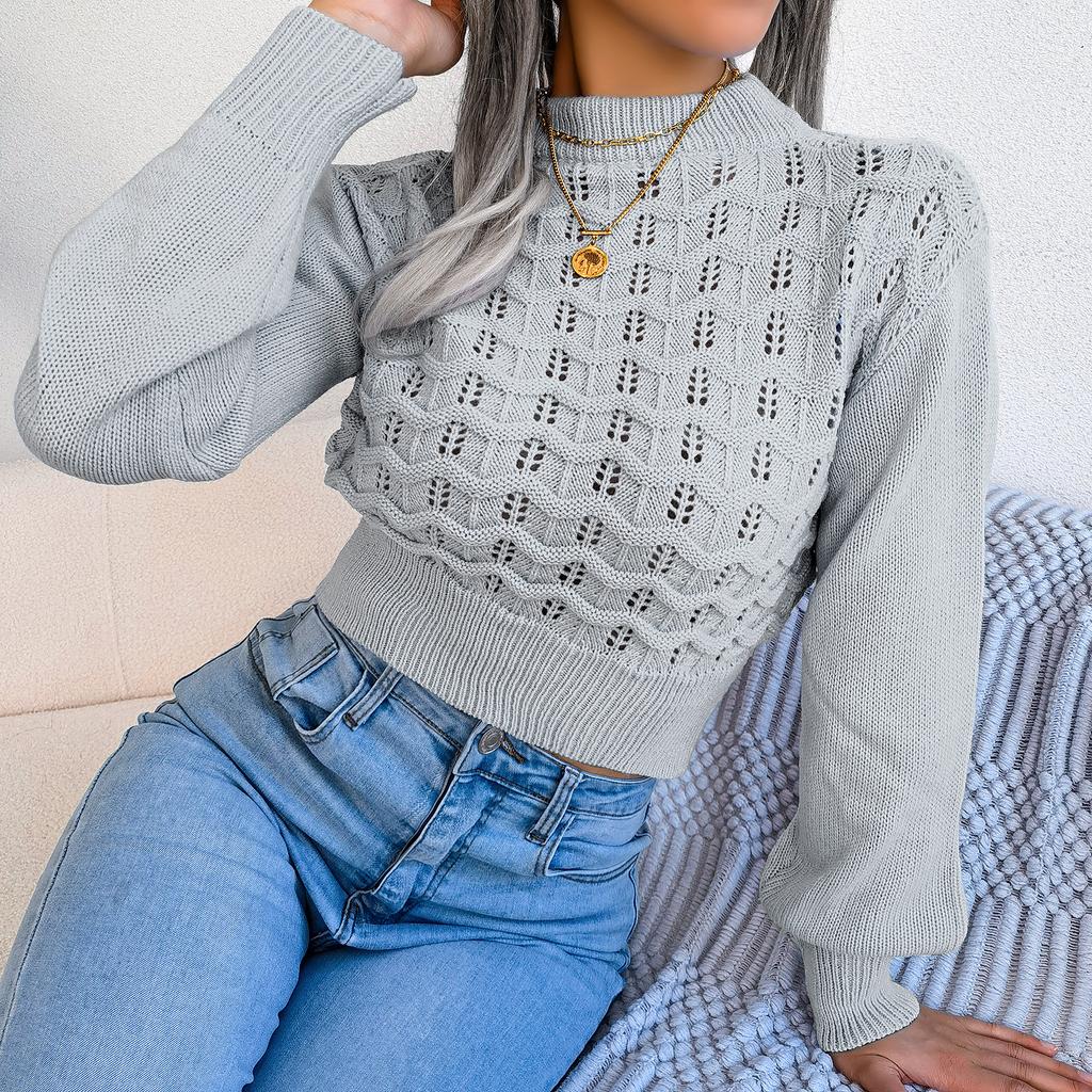 Women's Autumn and Winter Solid Color Hollow Striped Lantern Sleeve Crop Knit Sweater