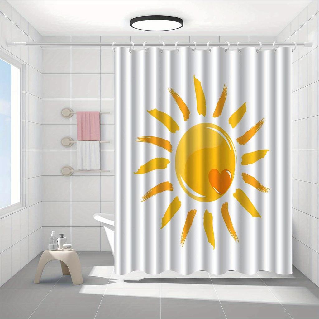 Modern Minimalist Sun And Heart Pattern Shower Curtain, Made Of Polyester Fabric, Machine Washable, Suitable For Bathroom Dcor.