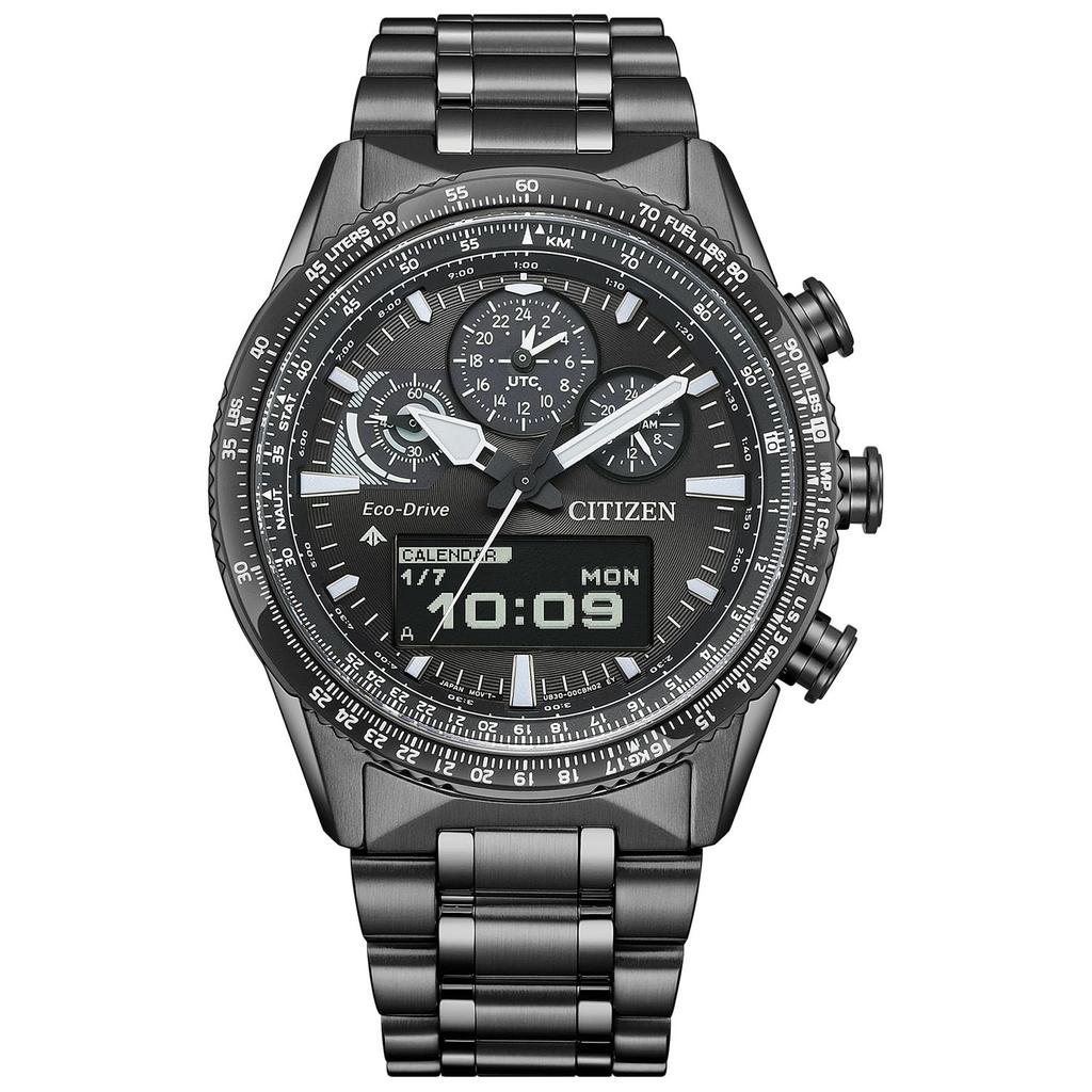 Relógio Citizen Promaster Cronógrafo Piloto SKY Azul e Preto Ana-Digi, À Prova d'Água, Prateado, JV2005-58E, Masculino,