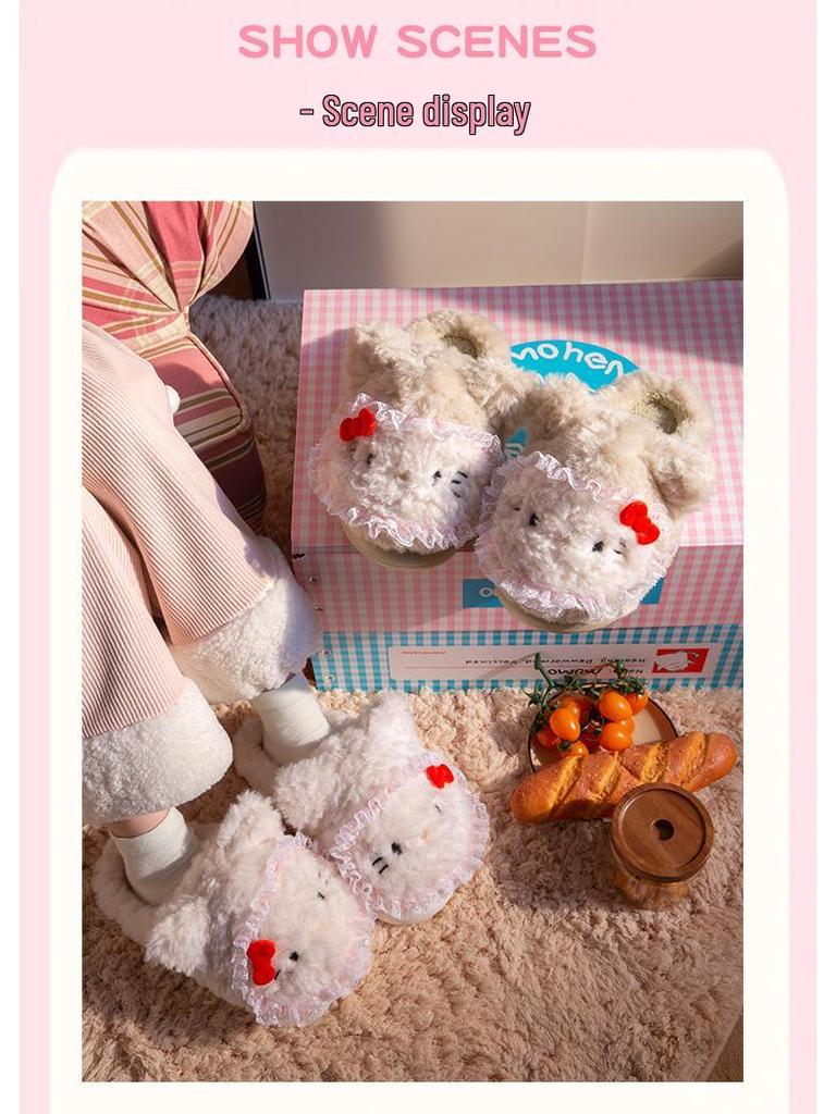 Women’s Cute Cartoon KT Cat Cotton Slippers - Sanrio Furry Plush, Heel-Covered Winter 2025