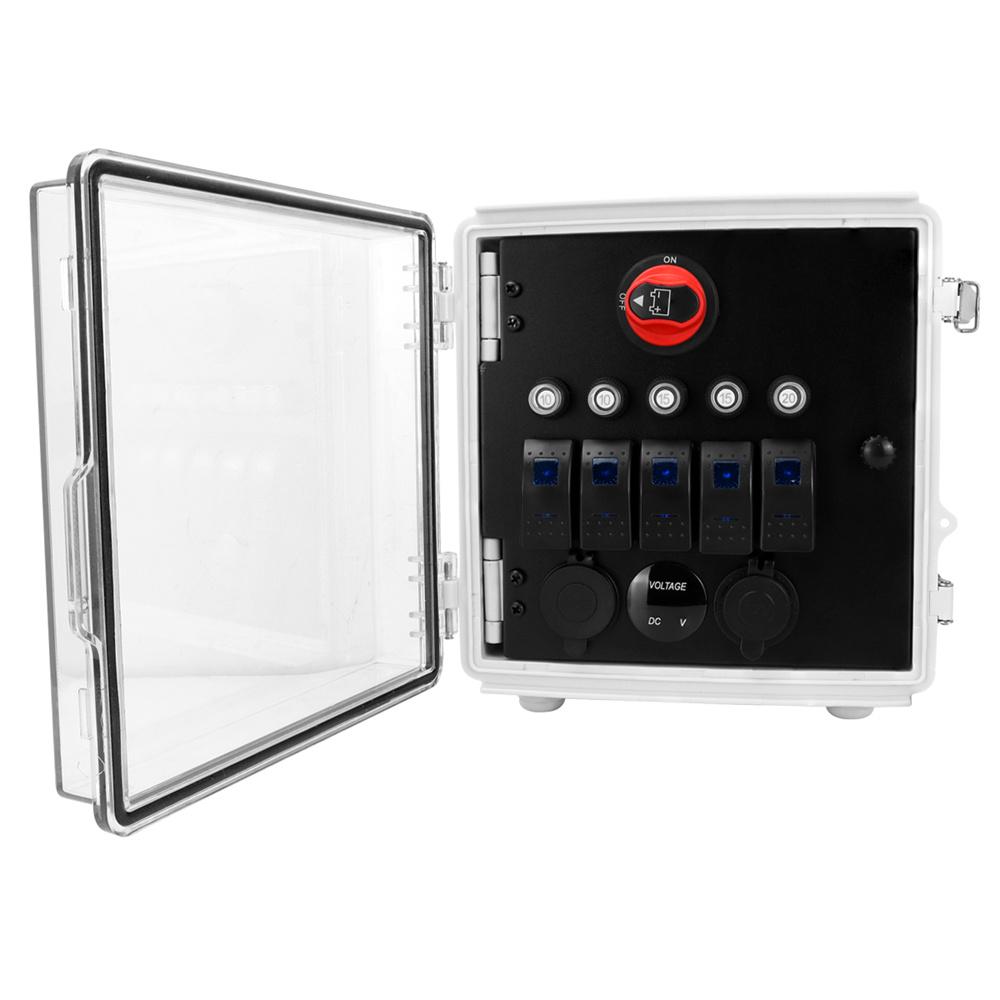 5 Gang Rocker Switch Box With Cover USB Charger LED Voltmeter Cigarette Lighter