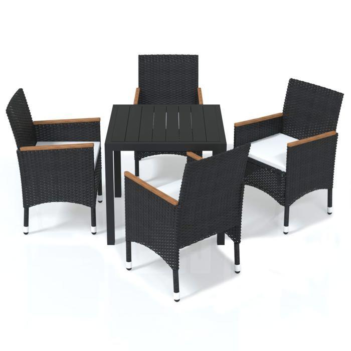 Ensemble jardin - MAISON EXCLUSIVE - 5 pièces - Poly rotin noir - Plateau WPC - Accoudoirs acacia huilé