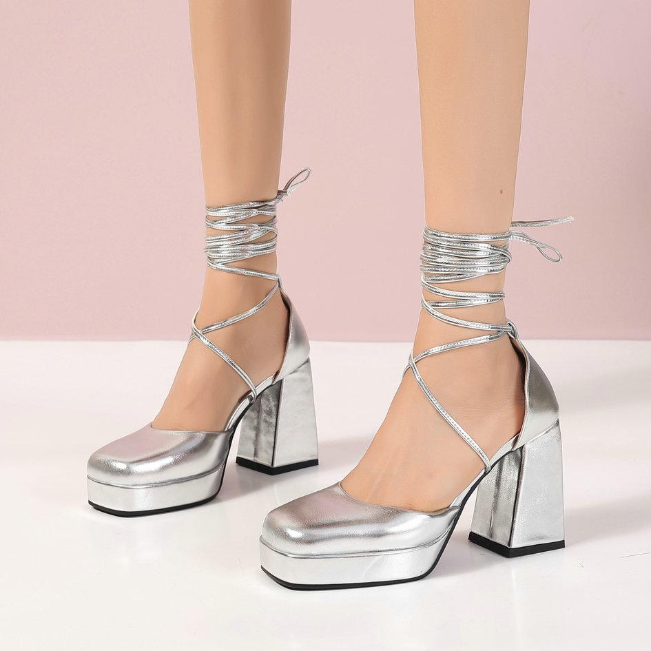 Módní boty 2025 Sandály na platformě Dámské šněrovací Sexy lodičky Kulatá špička Velké africké Jaro Zlaté Crossdressers Ležérní Béžové Čtvercový H