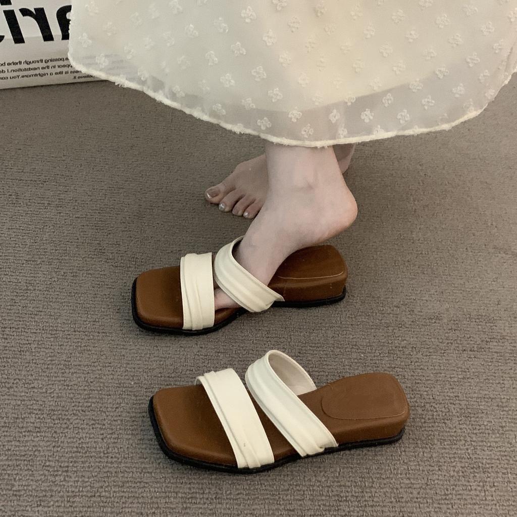 Wedge heel niche retro square head one-word slippers women's shoes outer wear 2025 summer with skirt French sandals