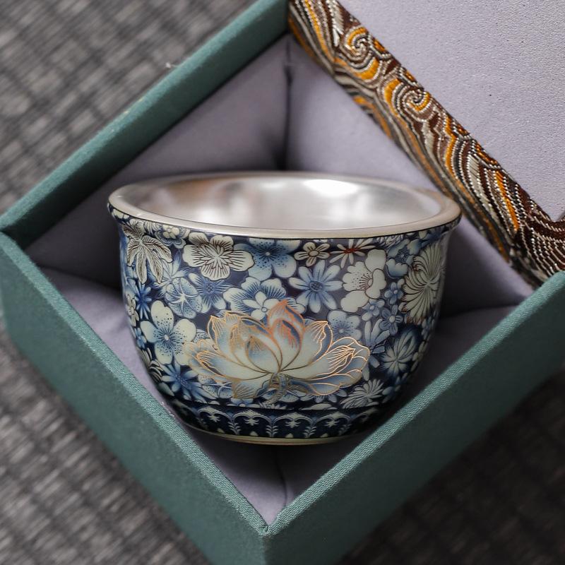Antique Blue And White Silver Gilded Large Master Tea Cup Handmade Ceramic Chinese Gongfu Teaware Collector Gift