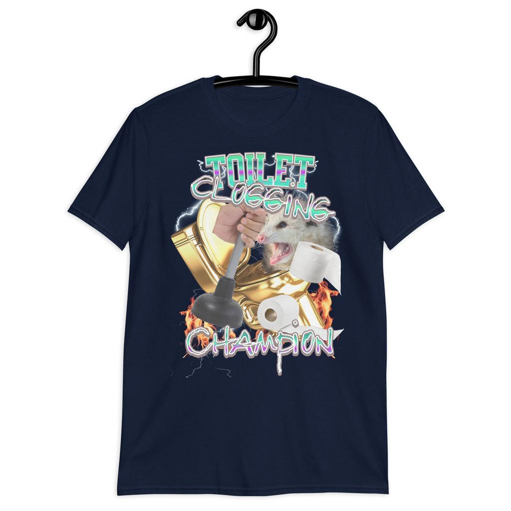 Toilet Clogging Champion Tshirt Funny Meme Graphic Tee Summer Mens and Womens Loose and Breathable Tshirt
