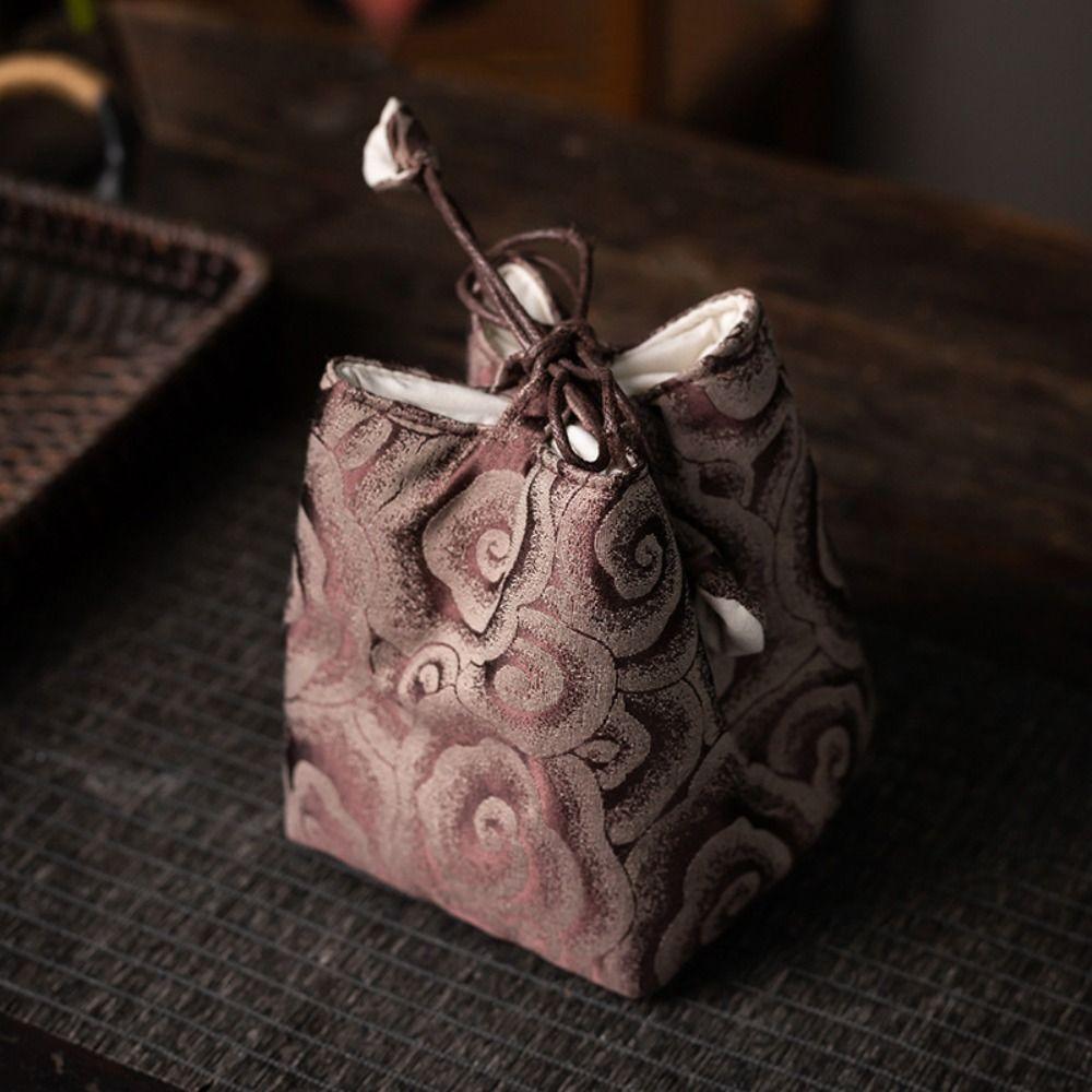 Chinese Style Teacup Drawstring Cloth Pouch Breakage-proof Portable Teaware Storage Bag Print Multifunctional