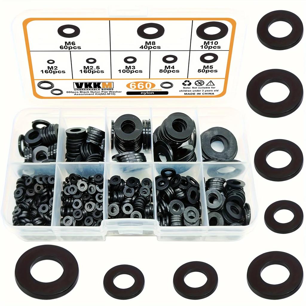 660pcs Black Nylon Flat Washer Assortment Kit: Perfect Electrical Connections for Household & Commercial Appliances (M2-M10)