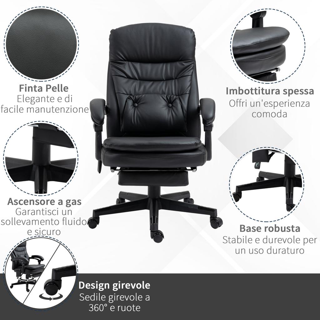 Faux Leather Massage Office Chair with USB Port. 64x69x107-115cm. Black