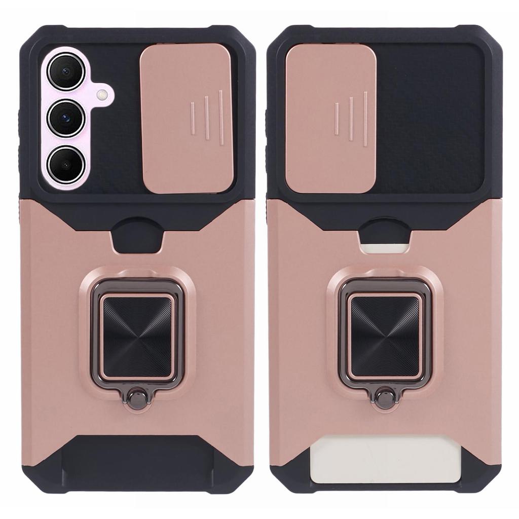 For Samsung Galaxy A55 5G Case PC+TPU Card Holder Phone Kickstand Cover with Slide Lens Lid