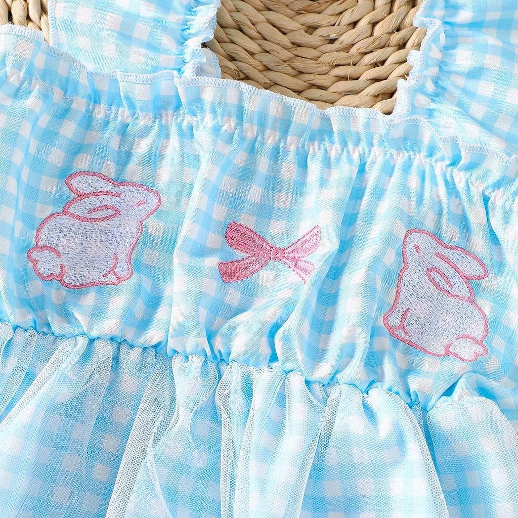 Sommer Süßes Karomuster & Kaninchen Stickerei Set: Trägertop & Weitbeinige Hose für Mädchen