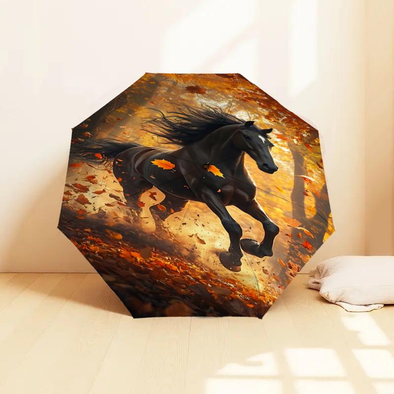 Autumn Leaf Horse Design Automatic Opening/Closing Umbrella with Foldable Design, , Travelers, Daily Use, Gift Suitable for All Occasions112