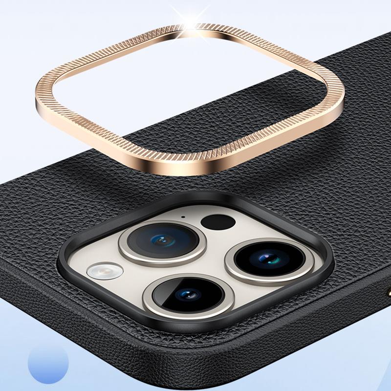 For iPhone 15 Pro PU Leather+TPU Phone Case Anti-Scratch Metal Lens Frame Cell Phone Cover