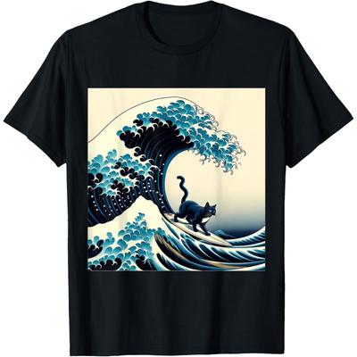 Black Cat With Surf Surfing The Great Wave Men Women Kids T-Shirt