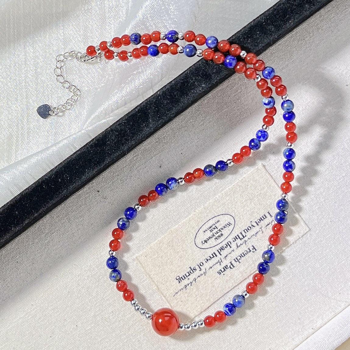 Retro High Quality Natural Lapis Lazuli Chalcedony Design Necklace Sweater Chain