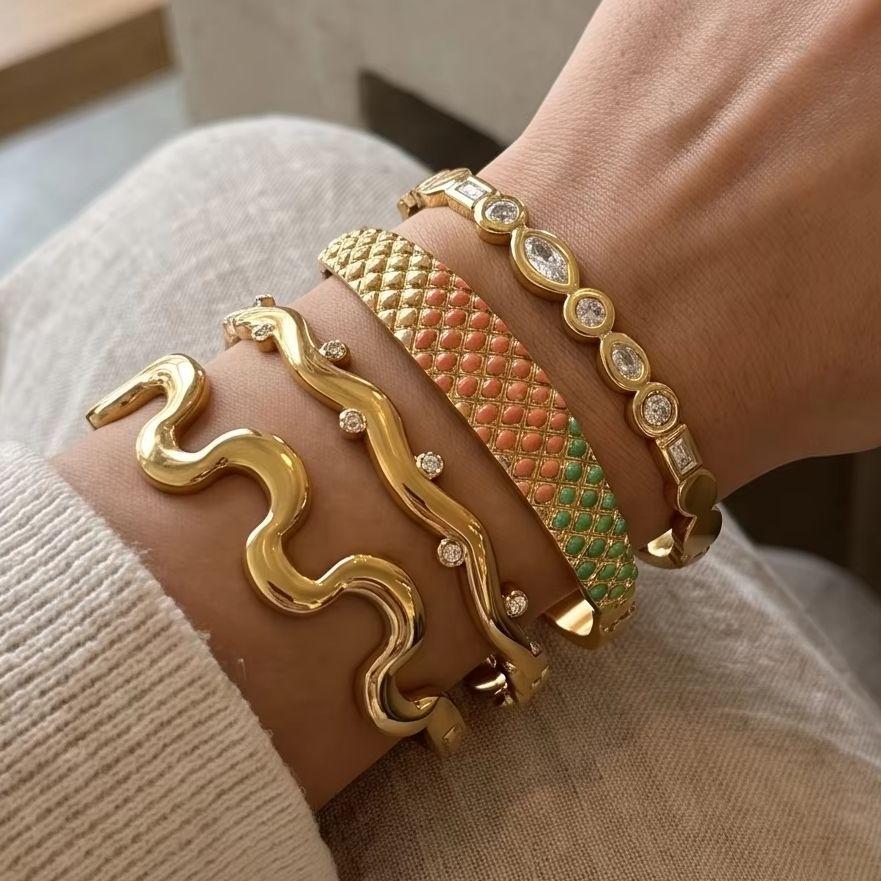 Fashion Geometric Zircon Stainless Steel Cuff Bracelets Set for Women Vintage Wave Enamel Bangle Party Jewelry Gift