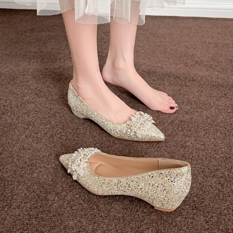 New Crystal Pearl Design Women Shoes Buckle Decorative Banquet Ladies Shoes Pointed Toe Pregnant Flats with Female Pumps