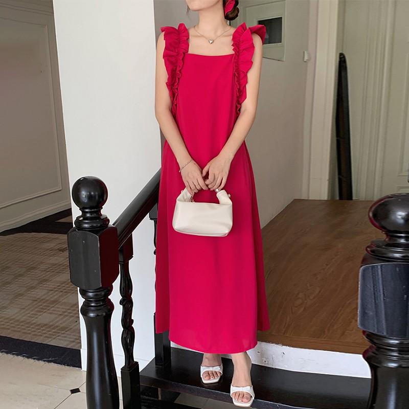 Elegant French Ruffle Spaghetti Strap Long Dress for Women