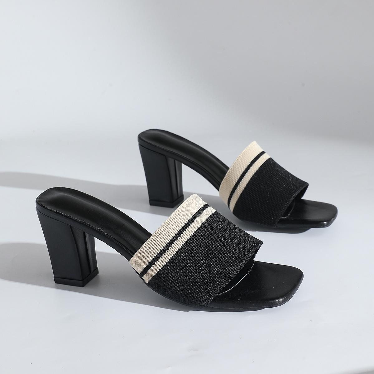 

Large size French high heels square head flying woven cool slippers female 2025 summer new fairy style thick heel slippers 36