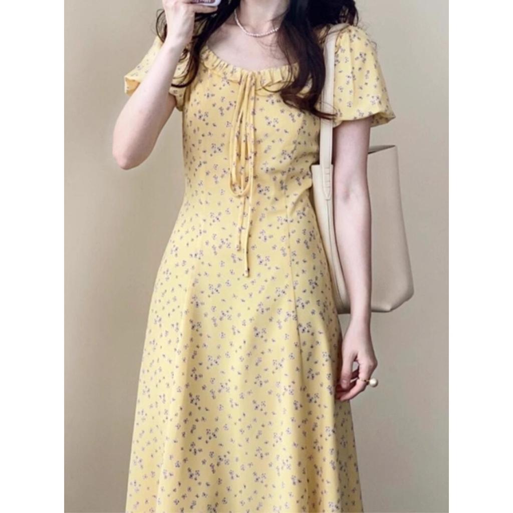 New summer beautiful long dress, small dopamine wear French yellow floral dress, women's clothing