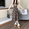 Coffee Wool Plaid Skirt for Women with High Waist Slim Skirt for A-line Midi-length Umbrella Skirt