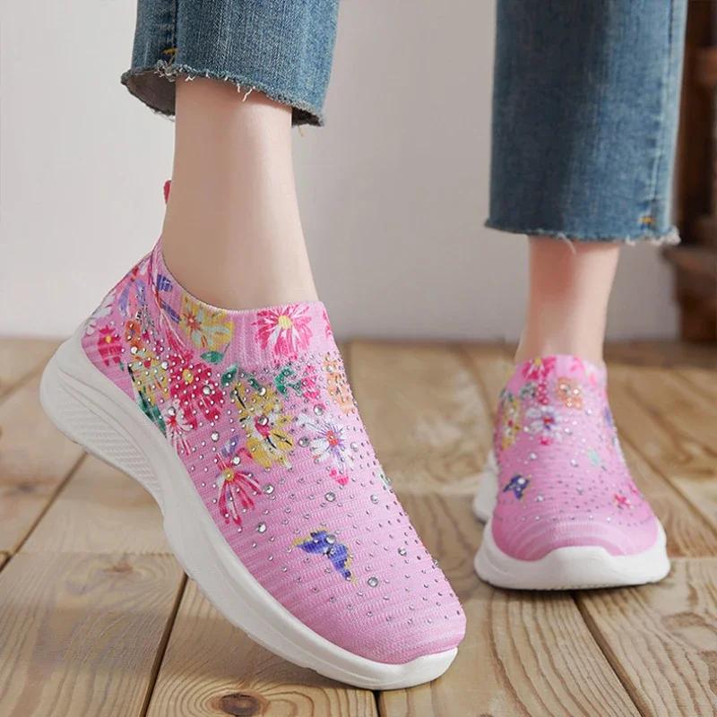 Fashion Spring Autumn New Women's Fashion Vulcanize Shoes Water Diamond Casual Breathable Shoes Slip On Printed Women's Sports Shoes