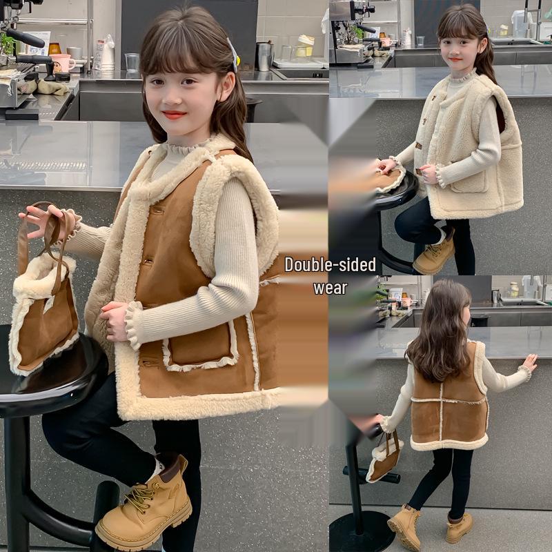 

Детский осенне-зимний двусторонний жилет из искусственного меха 2025 - на флисовой подкладке, утолщенное цельное пальто 150 cm хаки