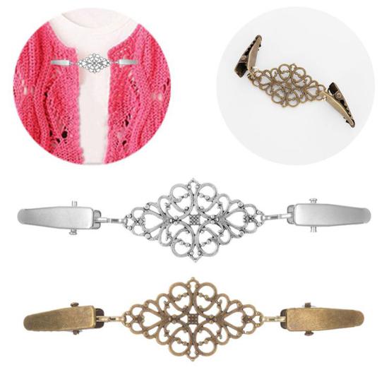 Women Vintage Hollow Floral Cardigan Collar Clip Dress Shawl Cinch Clasp Pin