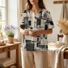 Damen Kurzarm Baumwoll-Leinenhemd mit Modischem Print Henley Knopfleiste und Brusttasche Lockerer Schnitt Lässiges Oberteil