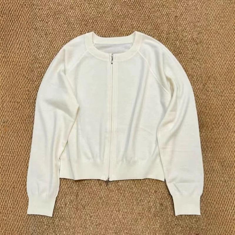 Early Autumn New Solid Color Casual Versatile Zipper Knitted Cardigan Women's Loose and Thin Round Neck Long-sleeved Sweater Jacket
