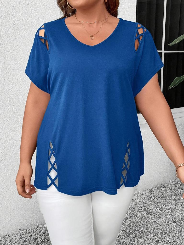 2026 Plus Size V-Neck Cross Strap Hollow Short Sleeve Women's T-shirt