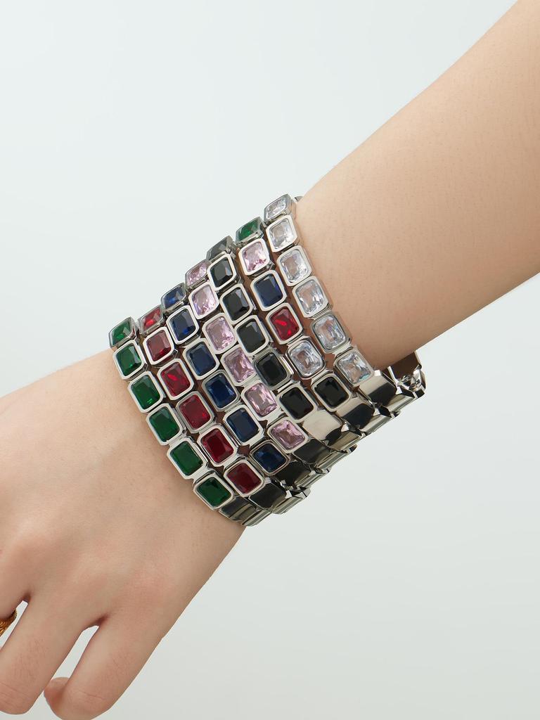 18K Gold Plated Stainless Steel Bracelet with Square Colored Glass Stones In Trendy European and American Niche Design - Fade Resistant.