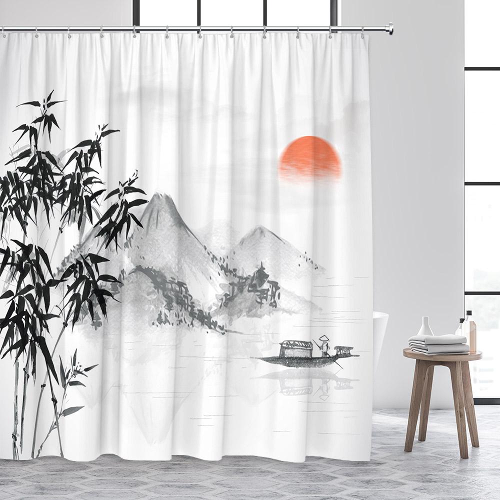 Japanese Style Shower Curtain Sea Wave Cherry Blossom Floral Ink Bamboo Mountain Scenery Bathroom Curtains Polyester Home Decor