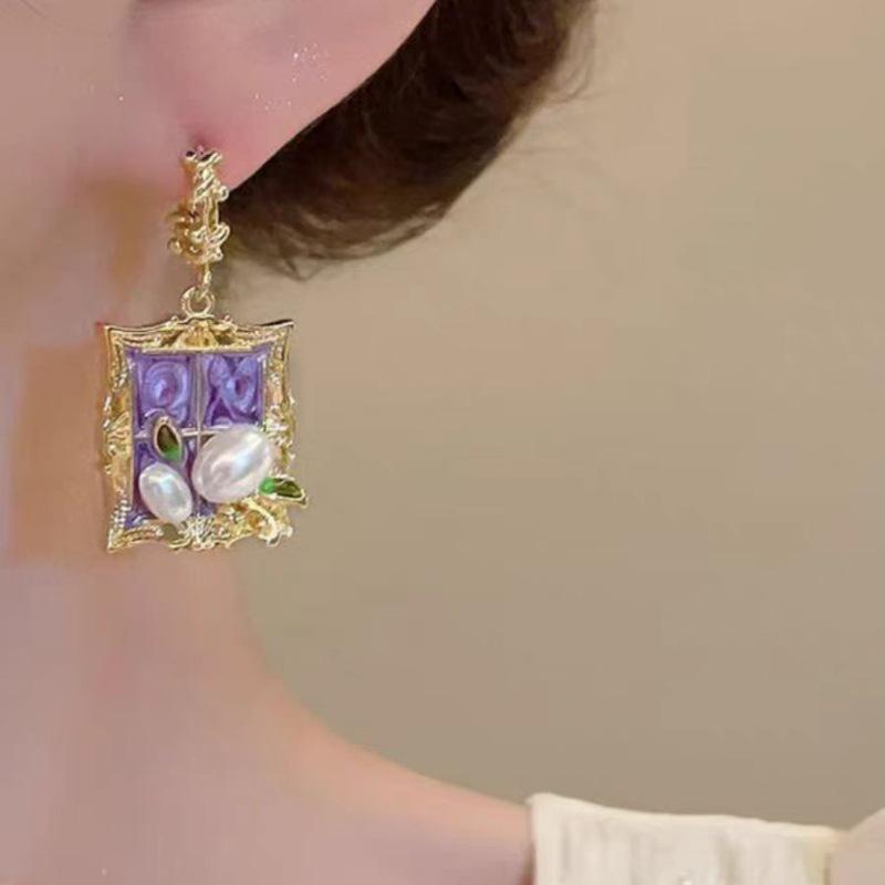 Baroque Purple Flower Pearl Tassel Earrings - Elegant Retro Ear Ornaments for Women
