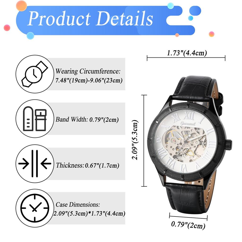 Automatic Watch with Genuine Leather Roman Dial Analog Luminous Skeleton Mechanical Suitable for and Casual Occasions Perfect Gift for Day Men's