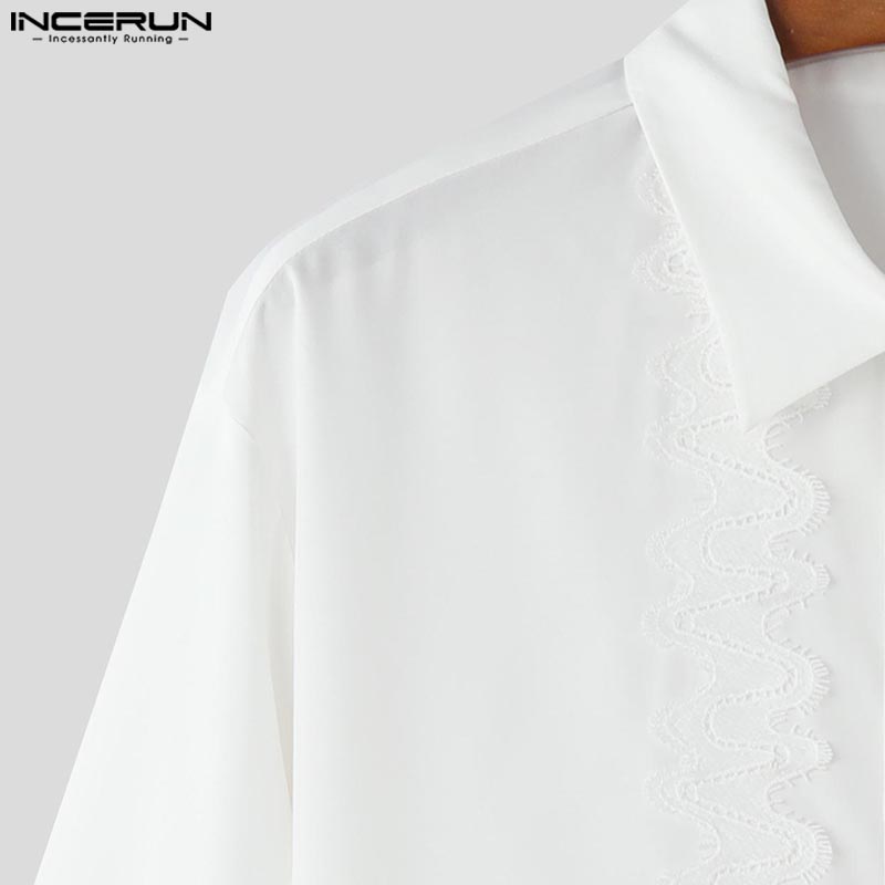 INCERUN Summer Men Turn-down Collar Half Sleeve Lace Patchwork Casual Shirts