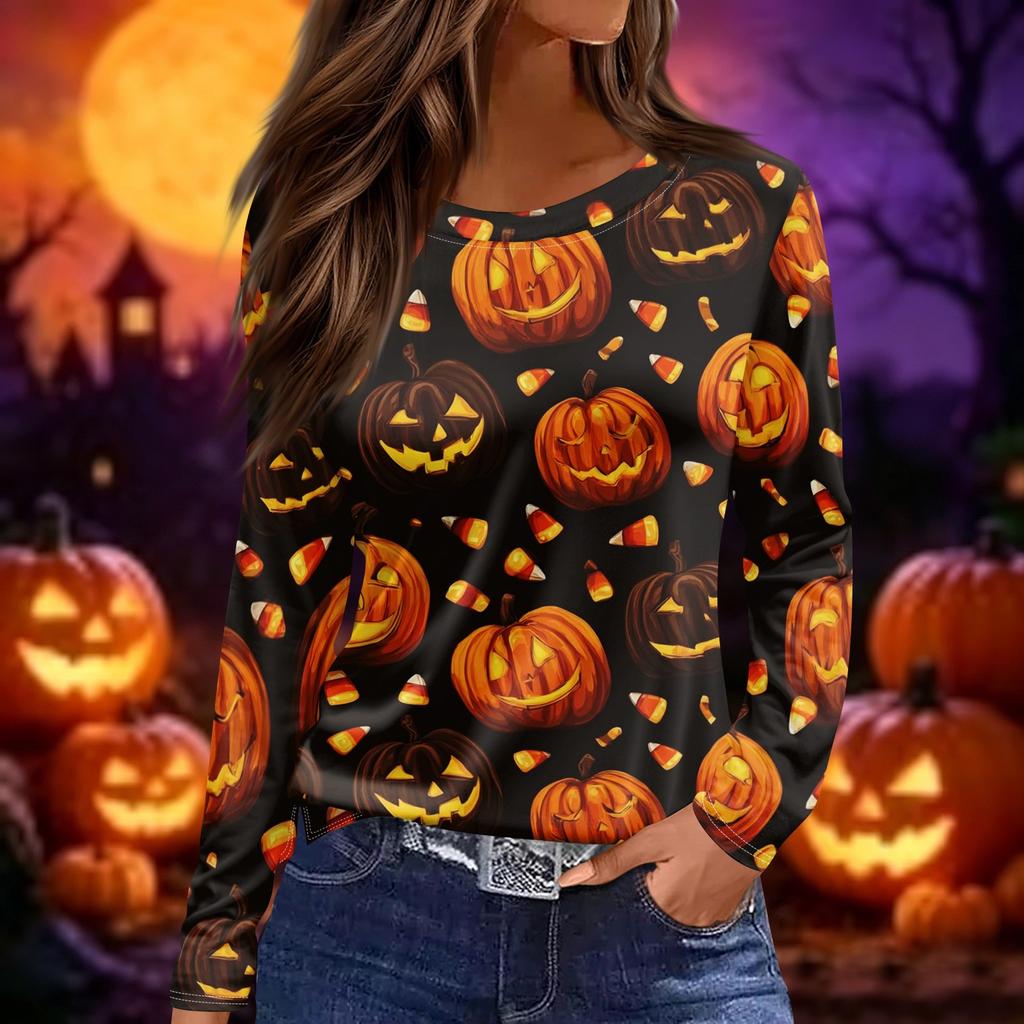 Women's Long Sleeve Halloween Print Top Split Hem Casual Pullover Round Neck Shirt Lightweight Comfortable Fit