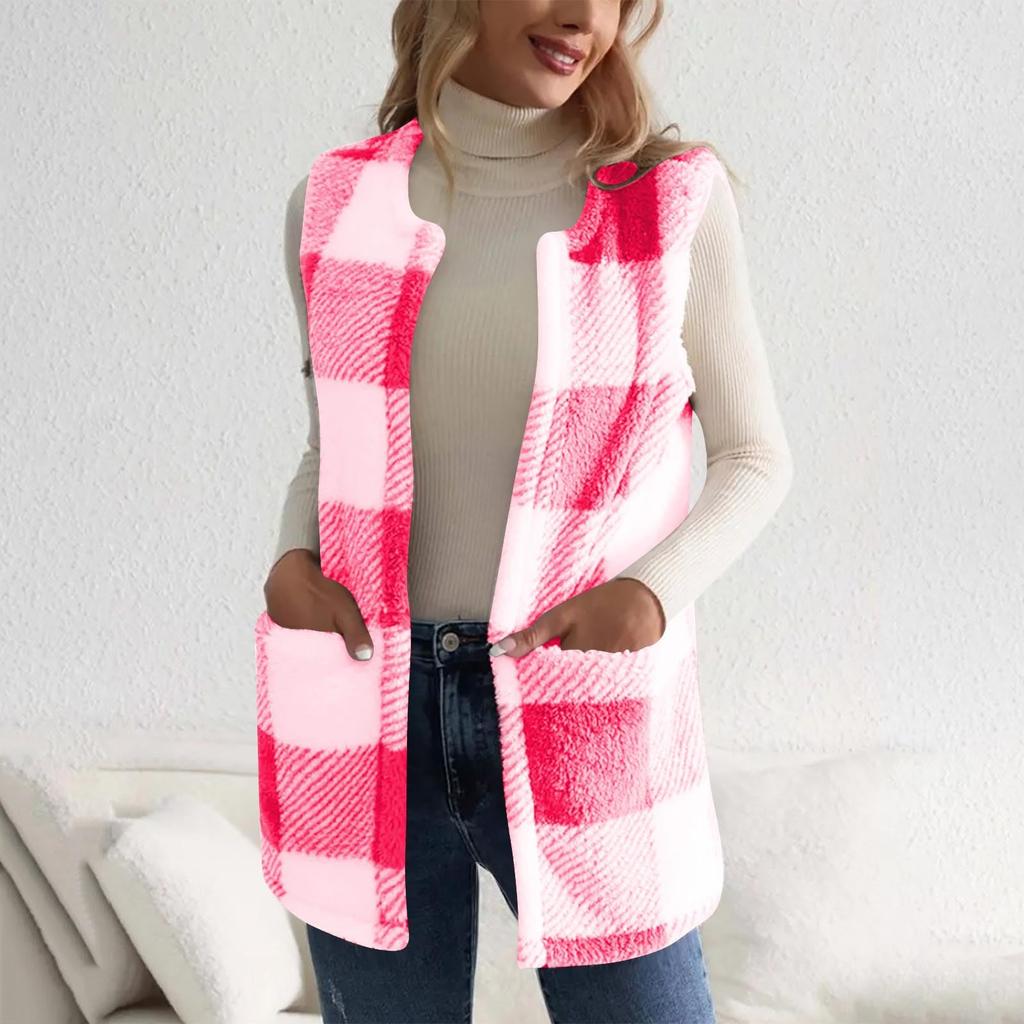 Plaid Fleece Vest For Women  Fall Winter Fuzzy Thermal Warm Sleeveless Jacket Trendy Outwear