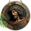Jesus Christ Crown of Thorns Round Wooden Hanging Sign, 2D Flat Wooden Religious Wall Decor