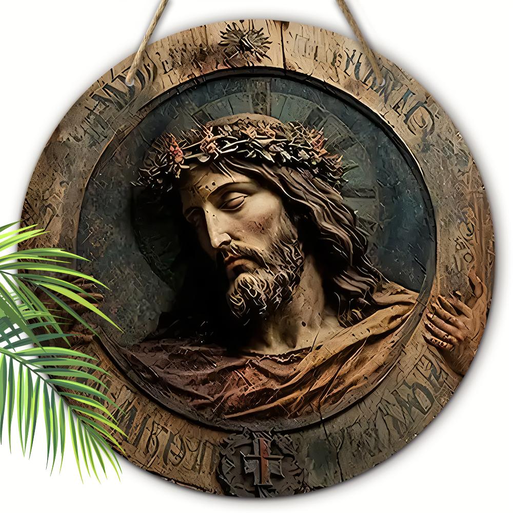 Jesus Christ Crown of Thorns Round Wooden Hanging Sign, 2D Flat Wooden Religious Wall Decor