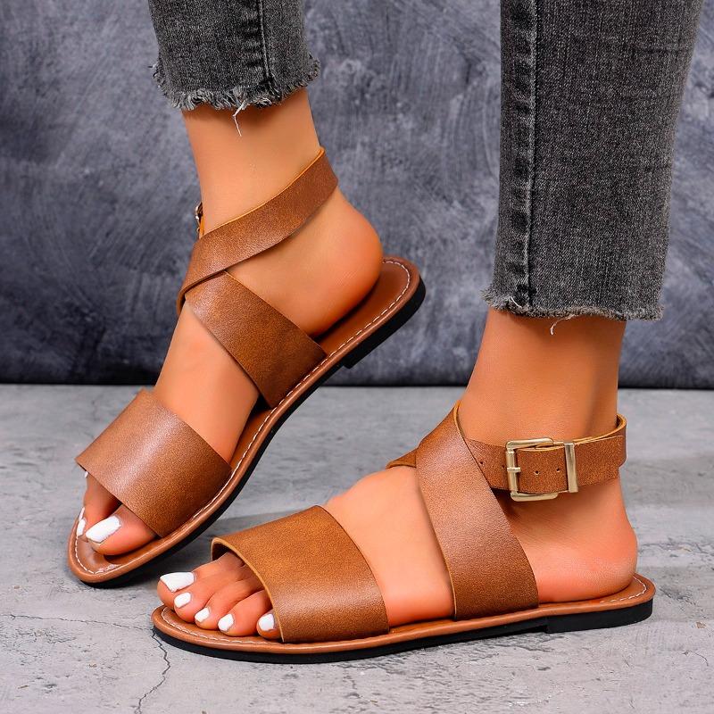 Plus Size New Crossover Strap Sandals Summer New Round Toe Lightweight Simple Temperament Soft Sole Roman Shoes