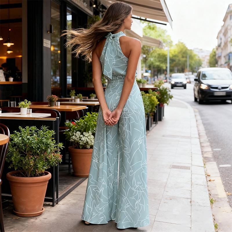 Summer Style Women's Sleeveless Printed Jumpsuit with Tie-Up Wide-Leg Pants