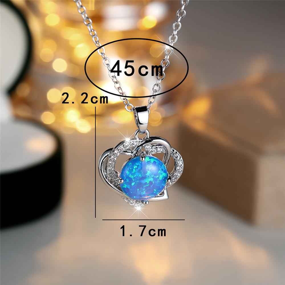 Female Crystal Blue Opal Stone Pendant Love Heart Necklace Vintage Big Round Silver Color Wedding Jewelry For Women
