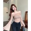 Autumn One Shoulder Large Trumpet Sleeves Ice Silk Sunscreen Sweater Women Showing Clavicle Thin Long-sleeved T-shirt Top