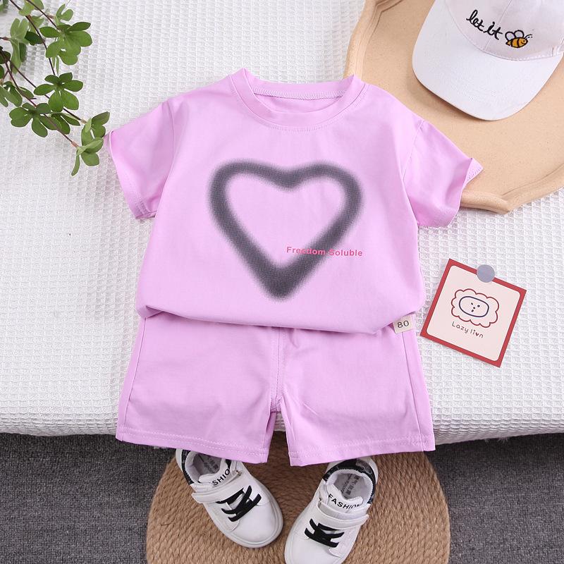 Girls Summer Korean Heart Print Short Sleeve T Shirt And Loose Shorts Fashionable Two Piece Set