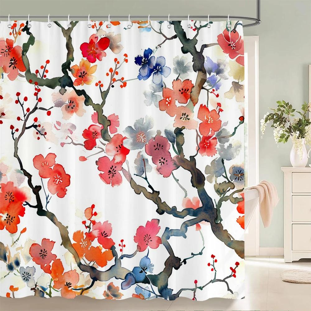 Japanischer Stil Blumen Vogel Duschvorhang Abstrakt Berg Rot Floral Pflanze Tuschekunst Landschaft Stoff Dekor Badezimmervorhänge