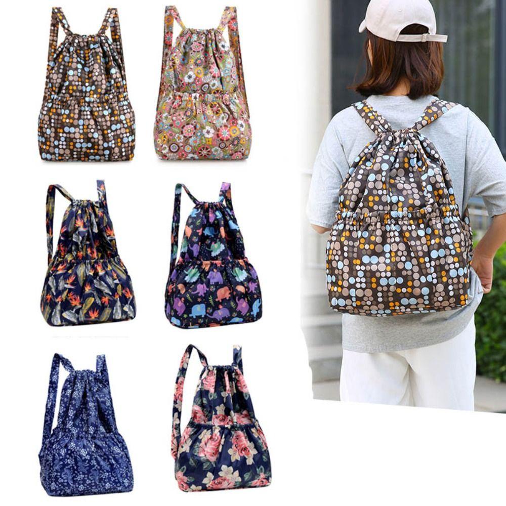 Versatile Floral Printed Drawstring Bag Waterproof Large Capacity Backpacks Sports Fold Portable Shopping Bag Teenage Girls